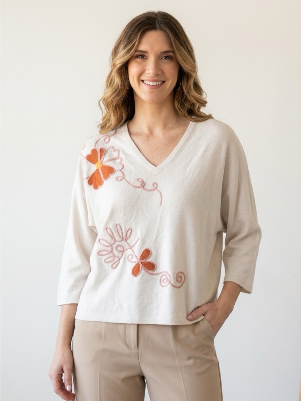 Aaeda NWT Cozy Fall Cream Floral Embroidered V-Neck Sweater Size XL 3/4 sleeves
